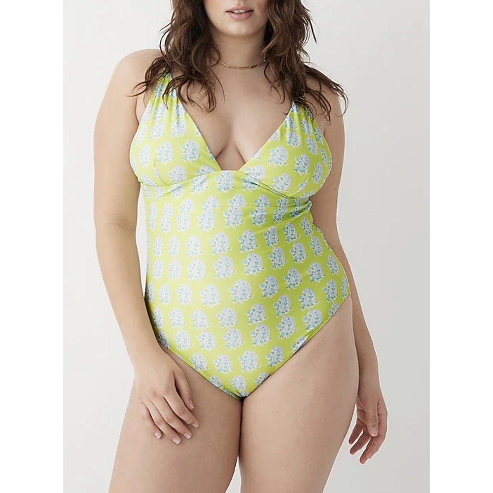 SZ Blockprints X J.Crew Plunge One-Piece Swimsuit Green Paisley Sz 18 Plus Size